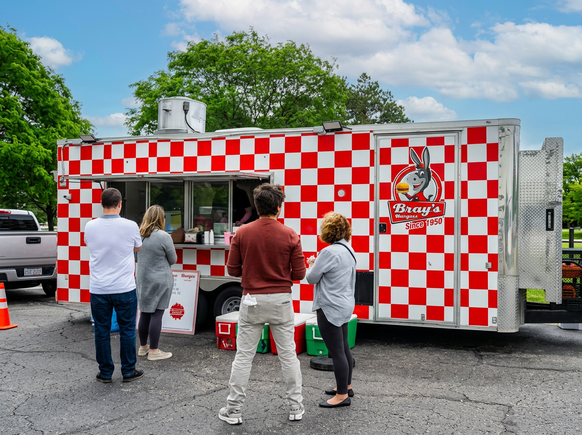 Bray's Burgers red-and-white checkered food truck serving guests at an outdoor event